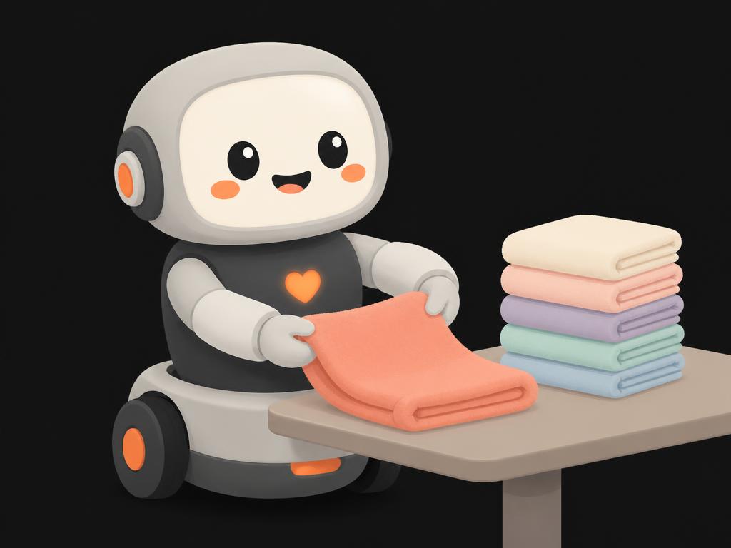 Illustration of the Zleni robot folding clean towels in a senior living laundry room